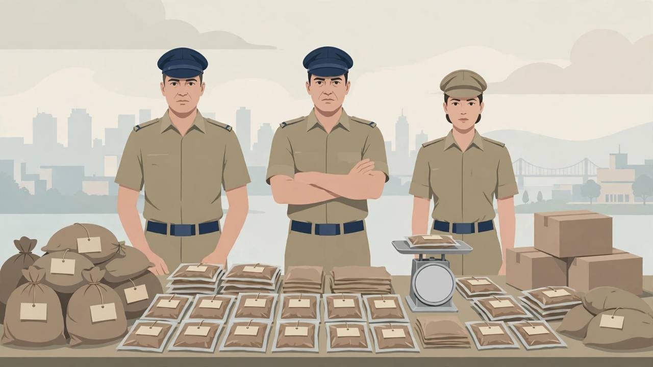 Editorial illustration of police officers standing behind a table of seized narcotics packets and sacks with evidence tags in Surat