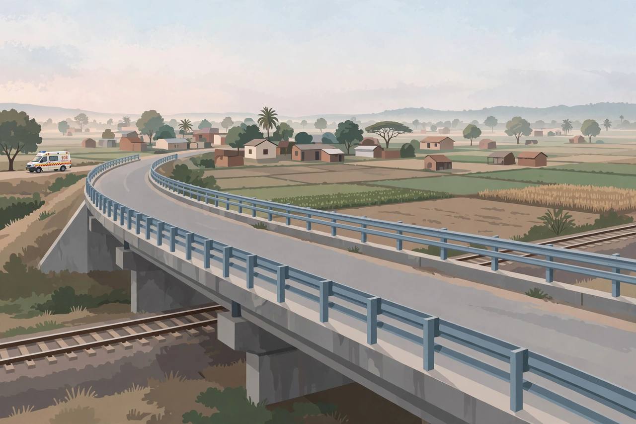 Editorial illustration of an empty curved rural road bridge over a railway line at dawn in Gujarat, with a village, fields and a parked 108 ambulance in the distance