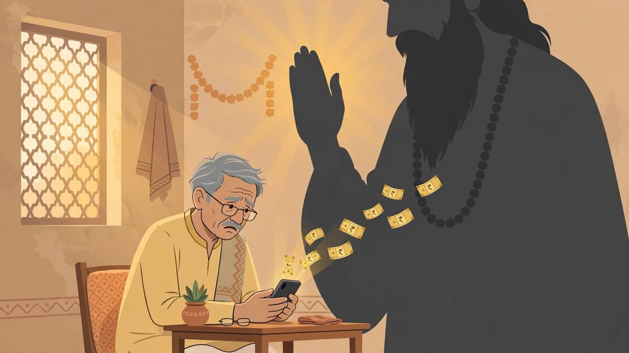 Editorial illustration of an elderly man in a Gujarat home looking worried at a smartphone while a shadowy fake holy man silhouette with prayer beads reaches toward drifting rupee notes