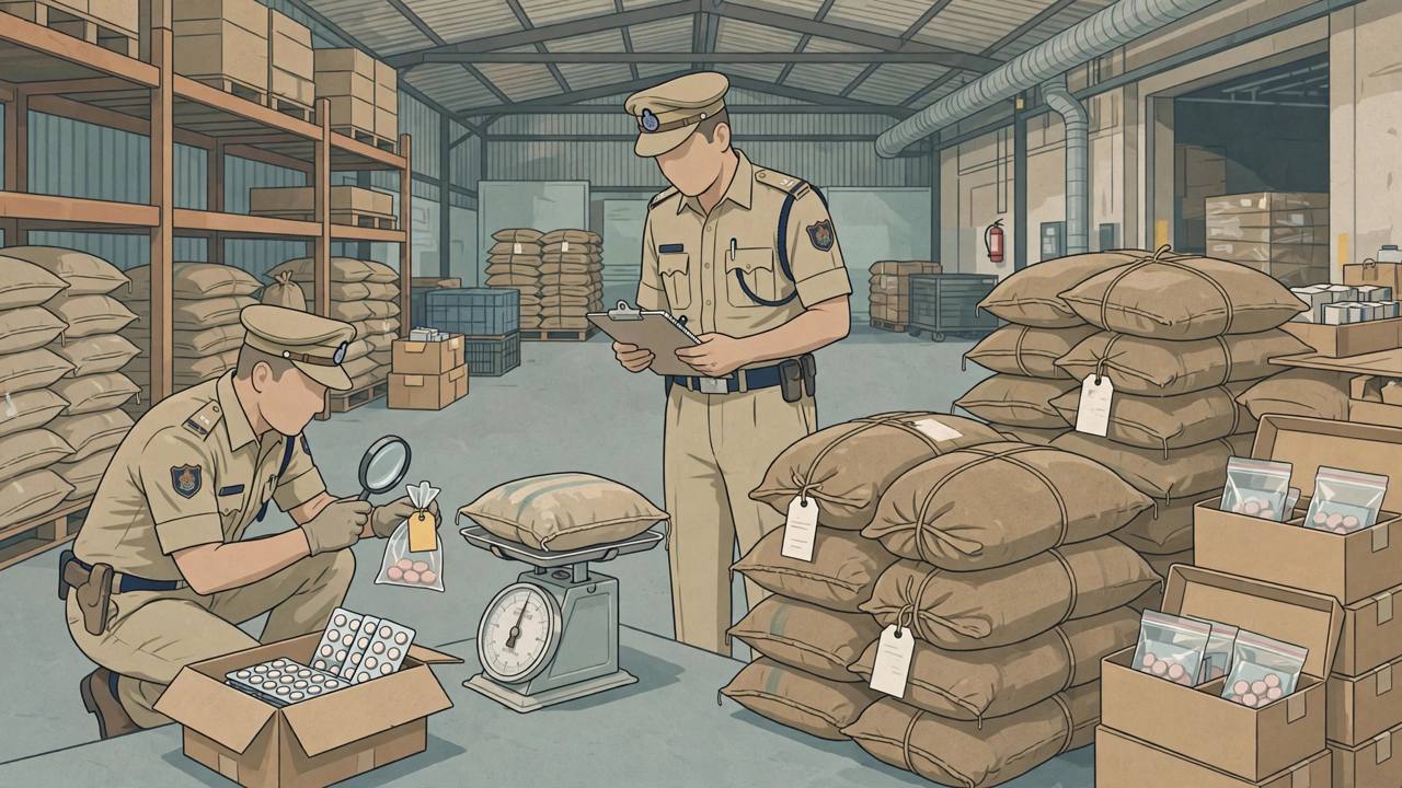 Editorial illustration of police officers inspecting sacks and cartons of seized tablets on a weighing scale inside a warehouse in Vapi, Gujarat