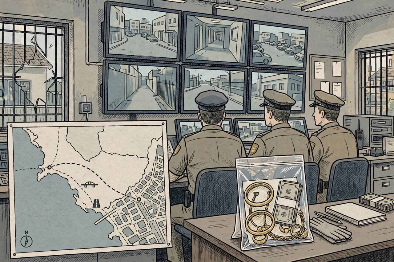 Editorial illustration of police officers reviewing CCTV screens with gold jewellery and cash in a sealed evidence bag on a desk