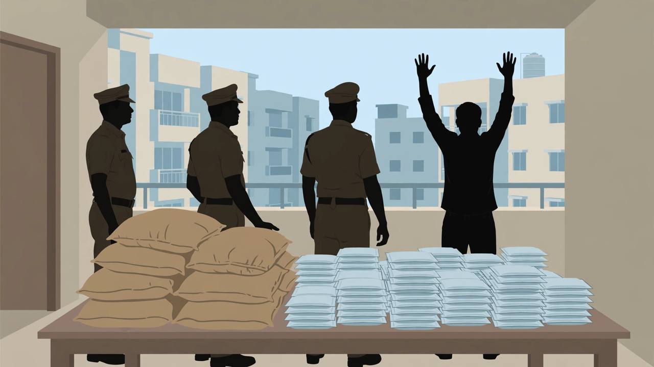 Editorial illustration of police officers raiding a residential flat with sacks of seized narcotics stacked on a table