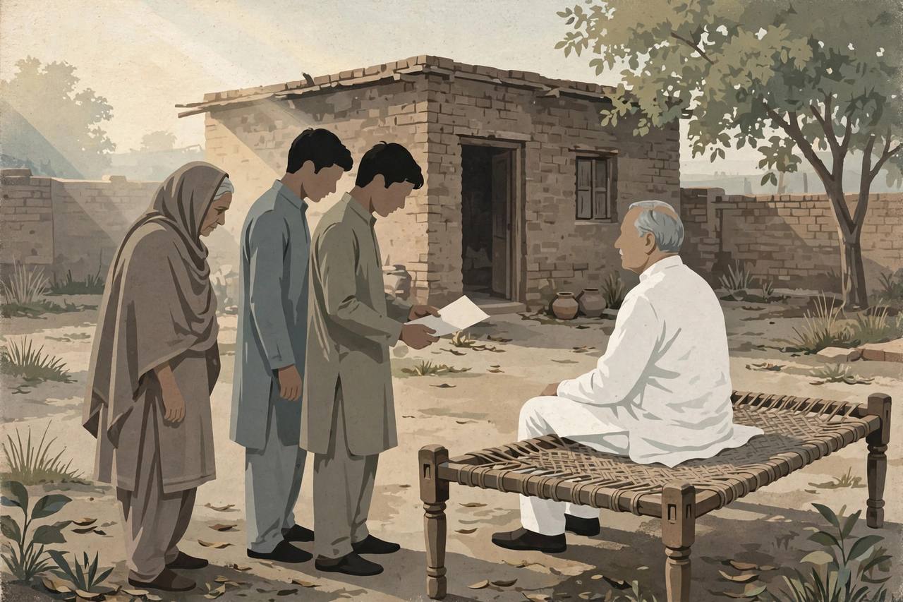 Editorial illustration: a government official seated on a charpai at a Punjab village home, listening to a grieving family presenting a petition