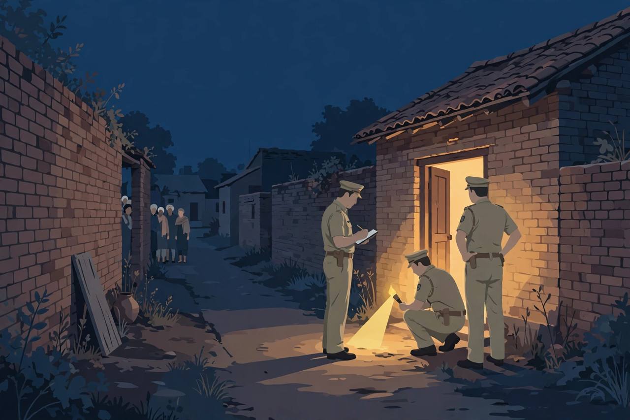 Editorial illustration of Punjab Police officers outside a village house at night in Gurdaspur district after a firing incident
