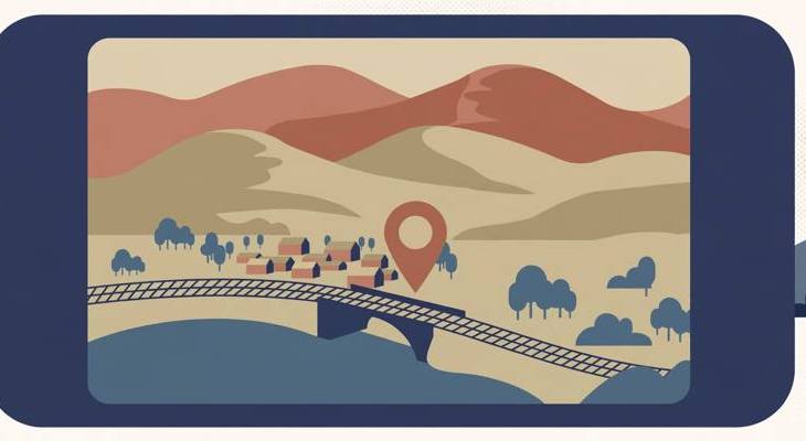 Editorial illustration of a location pin over a hill town in north Bengal with a railway bridge
