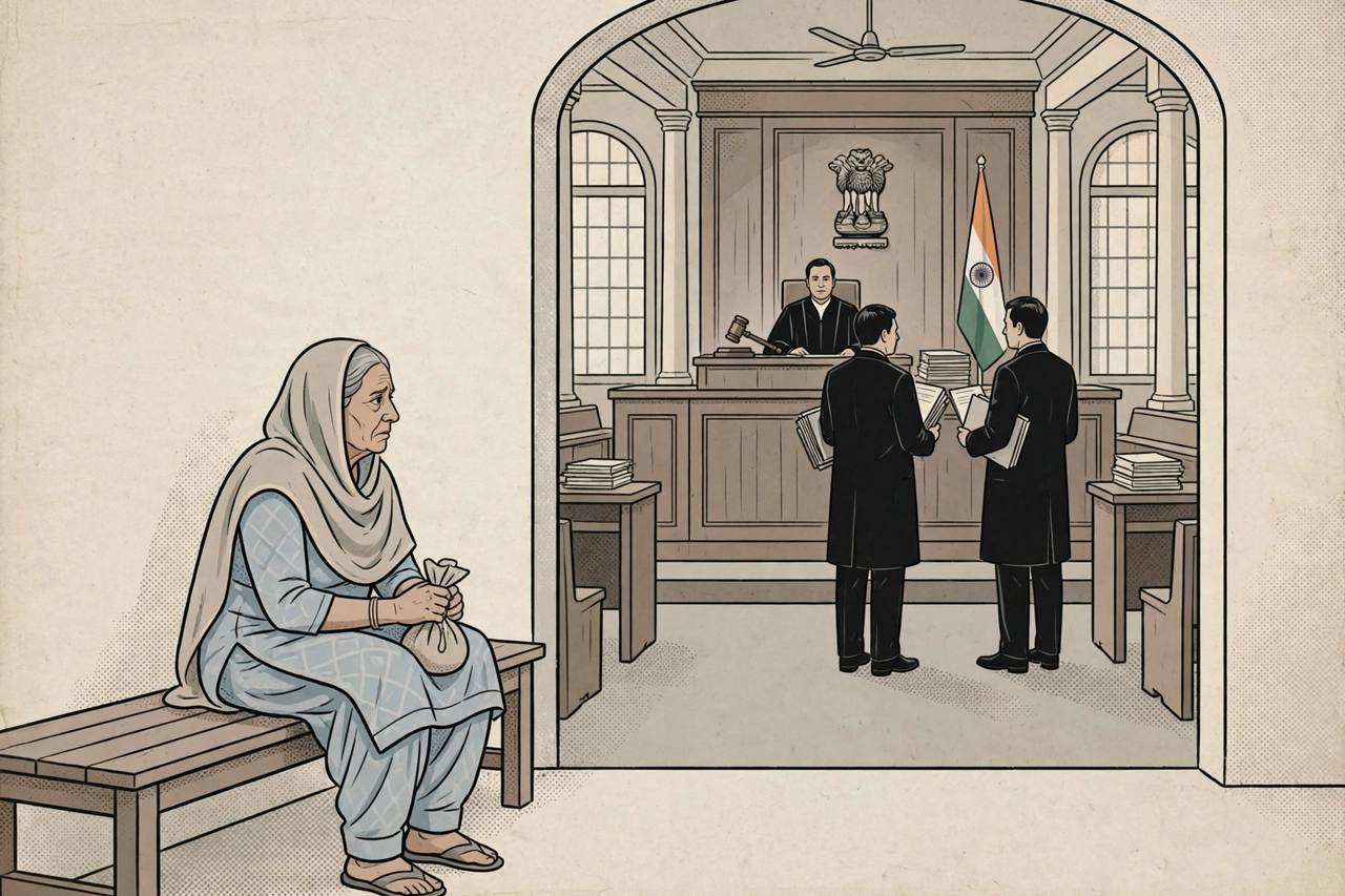 Editorial illustration of a high court courtroom hearing with an elderly mother waiting outside