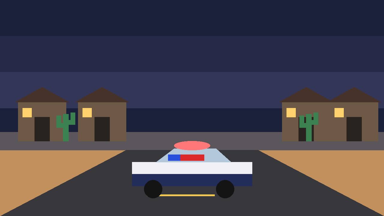 Editorial illustration of a desert residential street at night in Tempe, Arizona, with houses, cactus and a generic police car