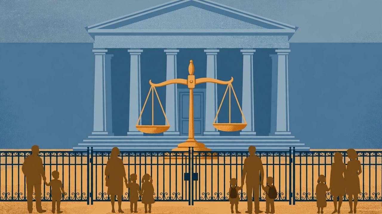 Editorial illustration of a courthouse and families waiting outside closed gates
