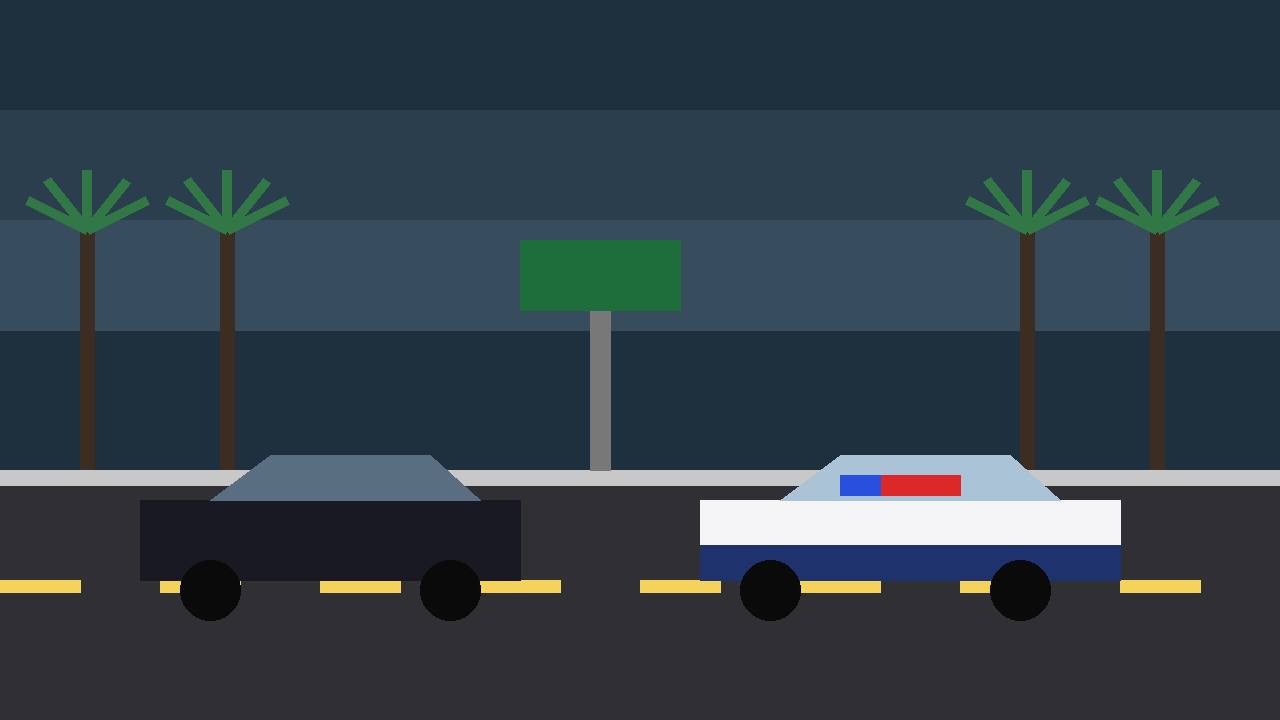 Editorial illustration of a Florida highway at night with palm trees, a generic stopped car and a generic patrol car