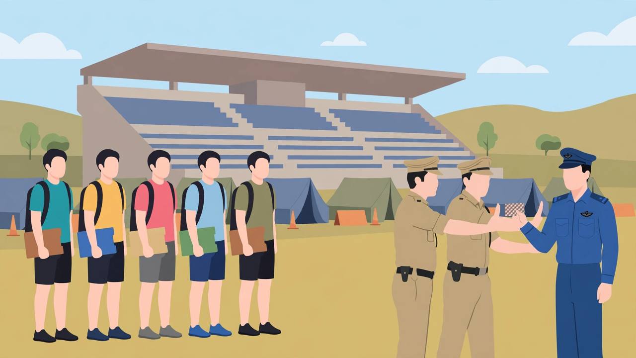 Editorial illustration of an army recruitment rally ground with young aspirants holding document folders while police officers stop a man in a fake air force style uniform holding a forged identity card