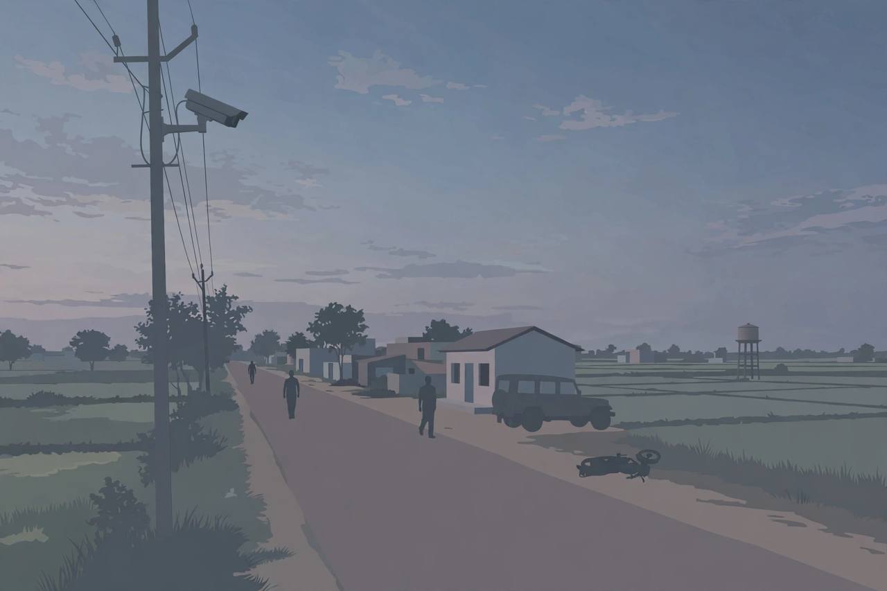 (Editorial illustration) A CCTV camera overlooking a small-town Haryana road at dusk, with a police jeep near a police station