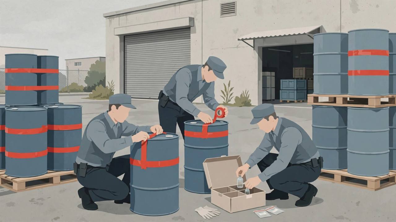 (Editorial illustration) Drug inspectors sealing large industrial chemical drums with official tape outside a warehouse in Faridabad while a sample is collected into an evidence box