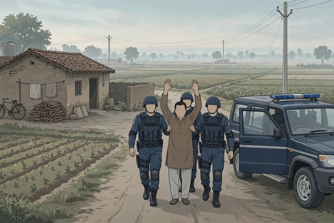 Editorial illustration of police task force officers leading a generic arrested man to a police vehicle outside a village house in Faridabad, Haryana