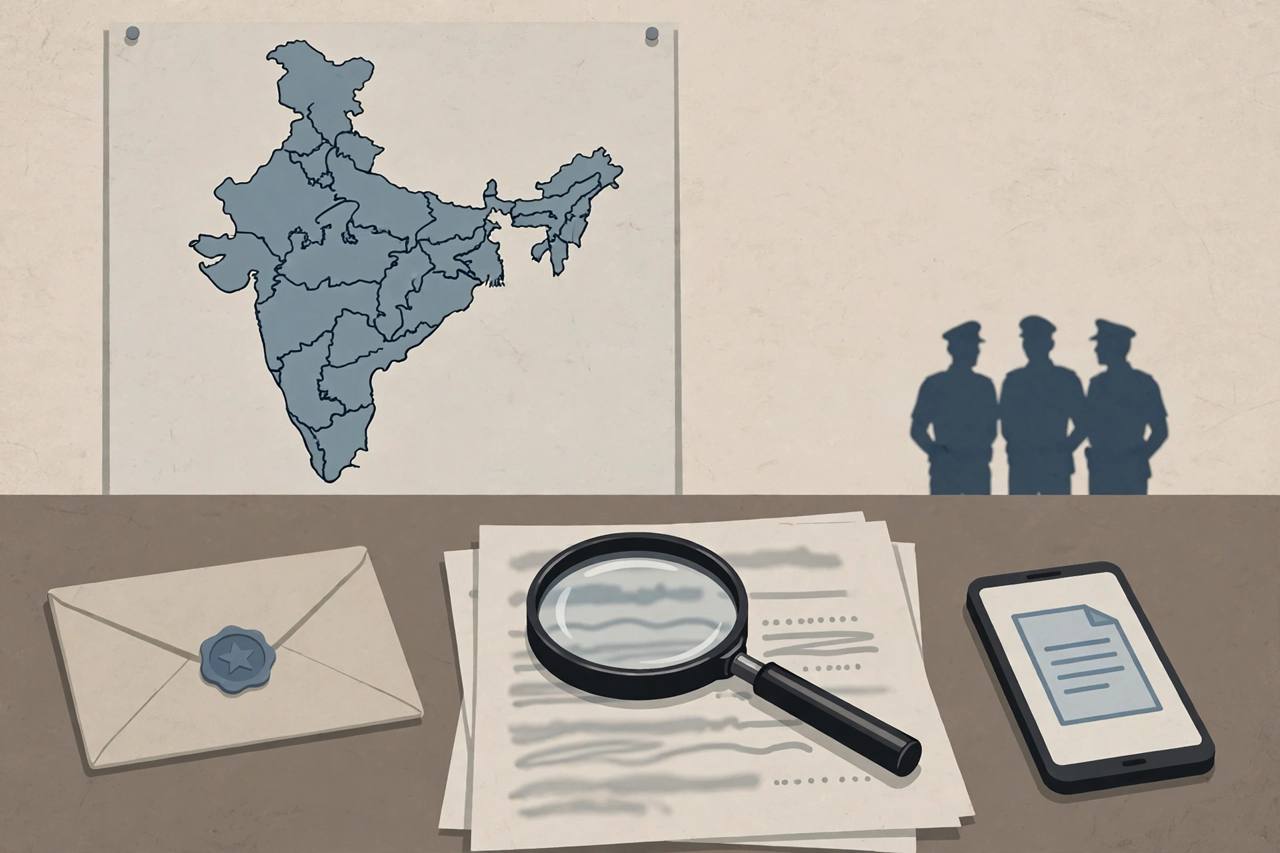 Editorial illustration of a police investigation into threat letters, with an envelope, documents and a magnifying glass