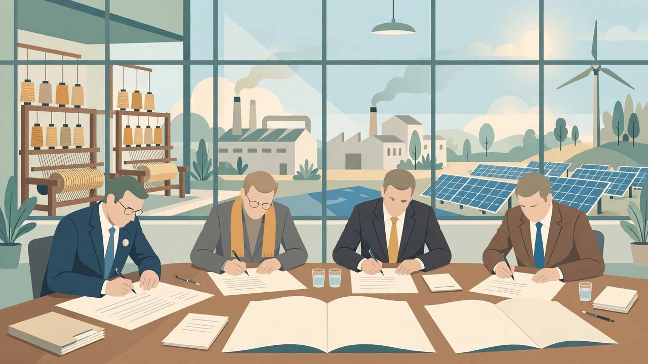 Editorial illustration of generic officials and business executives signing memorandum documents at a conference table with textile looms, factories, solar panels and a wind turbine behind them