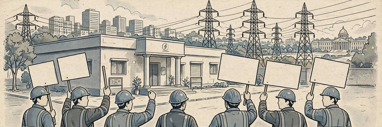 Editorial illustration of electricity workers protesting outside a power distribution office in Gurugram