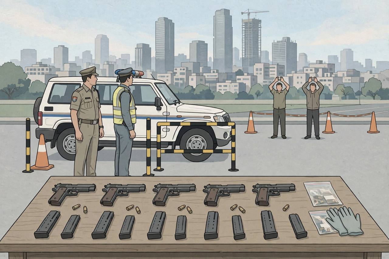 Editorial illustration of police beside a car at a Gurugram checkpoint with seized pistols and magazines on an evidence table