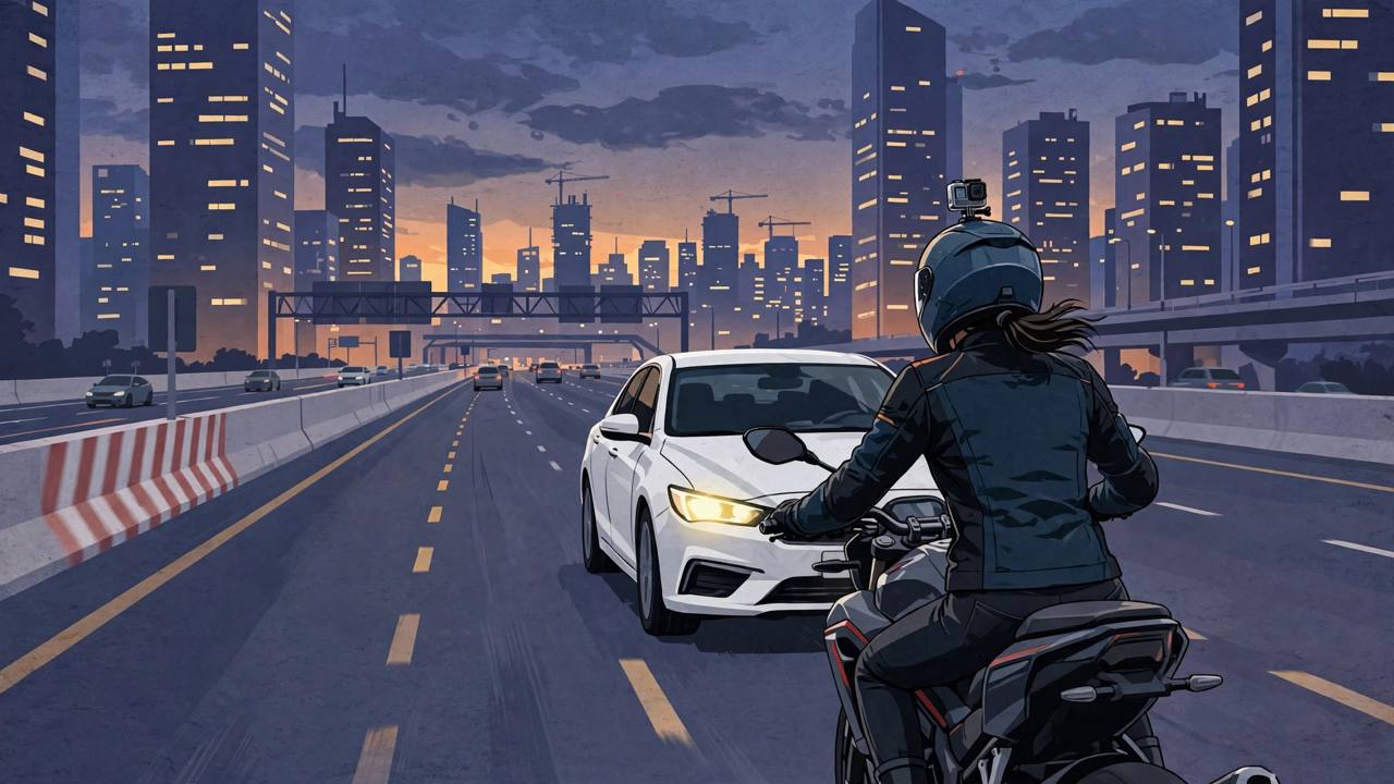 Editorial illustration of a helmeted woman motorcyclist on a wide Gurugram expressway at dusk with a white car following closely behind her