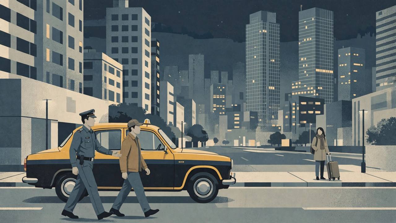 Editorial illustration of a police officer leading a generic cab driver away from a taxi at night in Gurugram, with a woman passenger standing safely at a distance with her suitcase