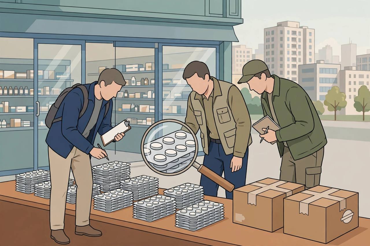 Editorial illustration of drug inspectors examining generic medicine blister strips on a pharmacy counter in Gurugram with a magnifying glass and sealed evidence boxes