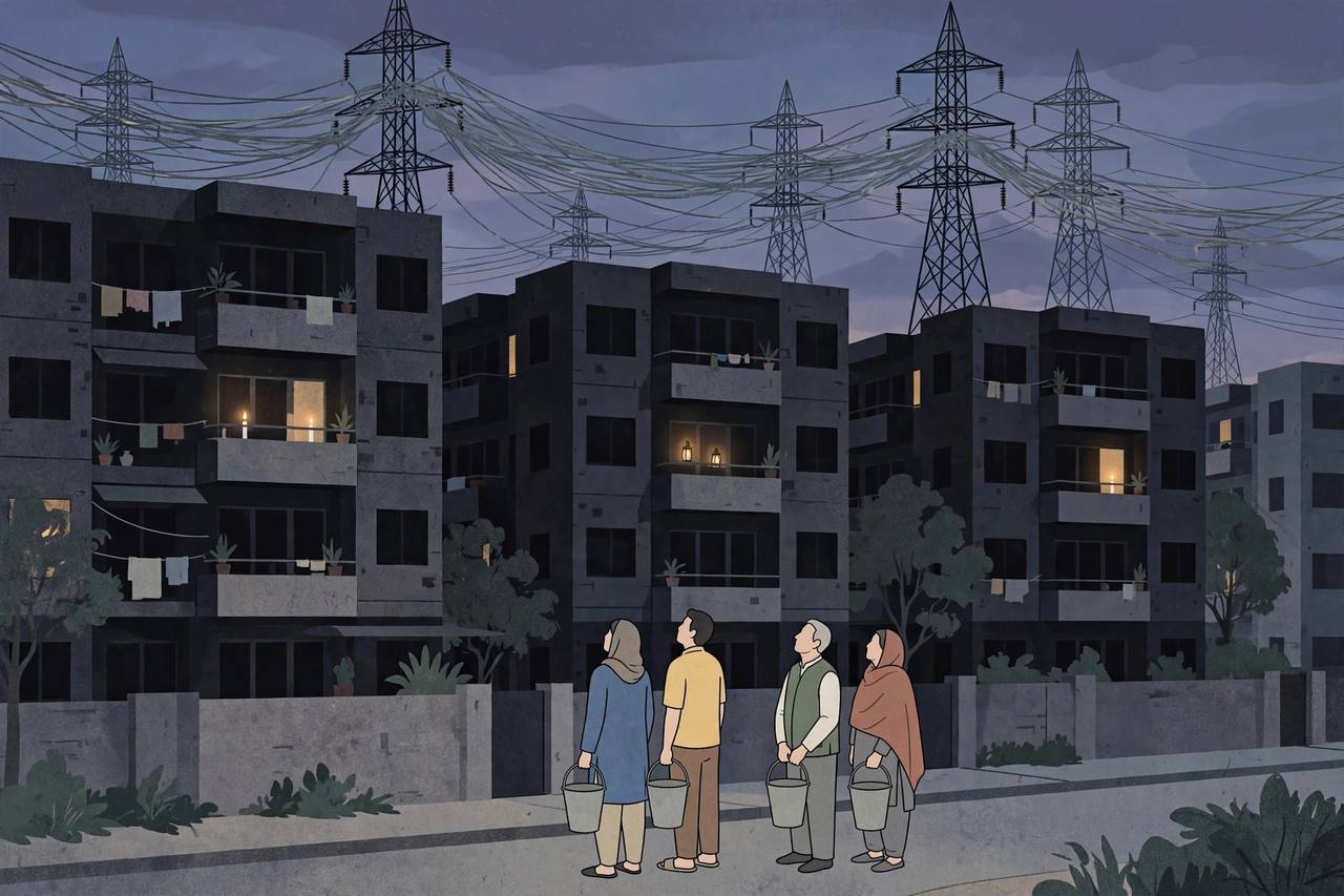 Editorial illustration of dark apartment blocks during a power outage in Gurugram, with residents holding empty water buckets under transmission towers