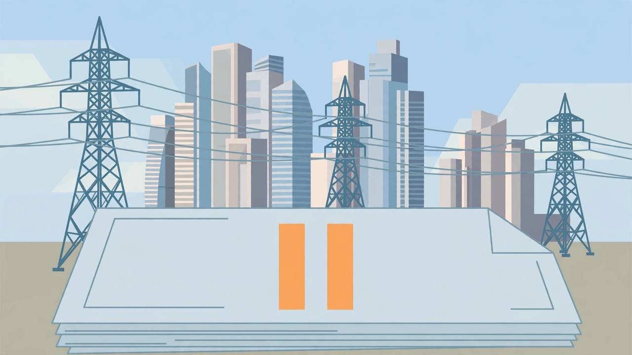 Editorial illustration of electricity pylons and power lines in front of the Gurugram skyline with an official document and pause symbol showing a regulatory hold