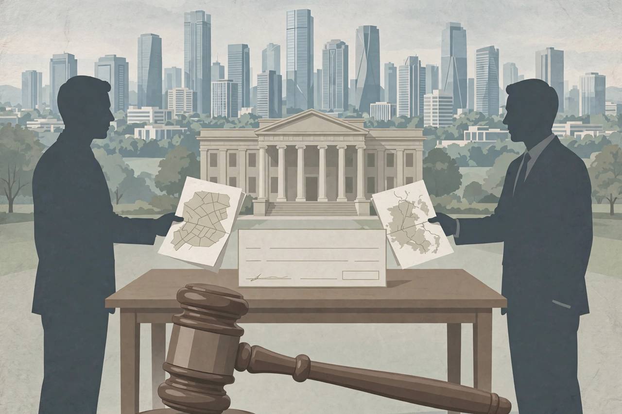 (Editorial illustration) A courthouse and gavel in front of the Gurugram skyline, with land documents and a cheque on a table
