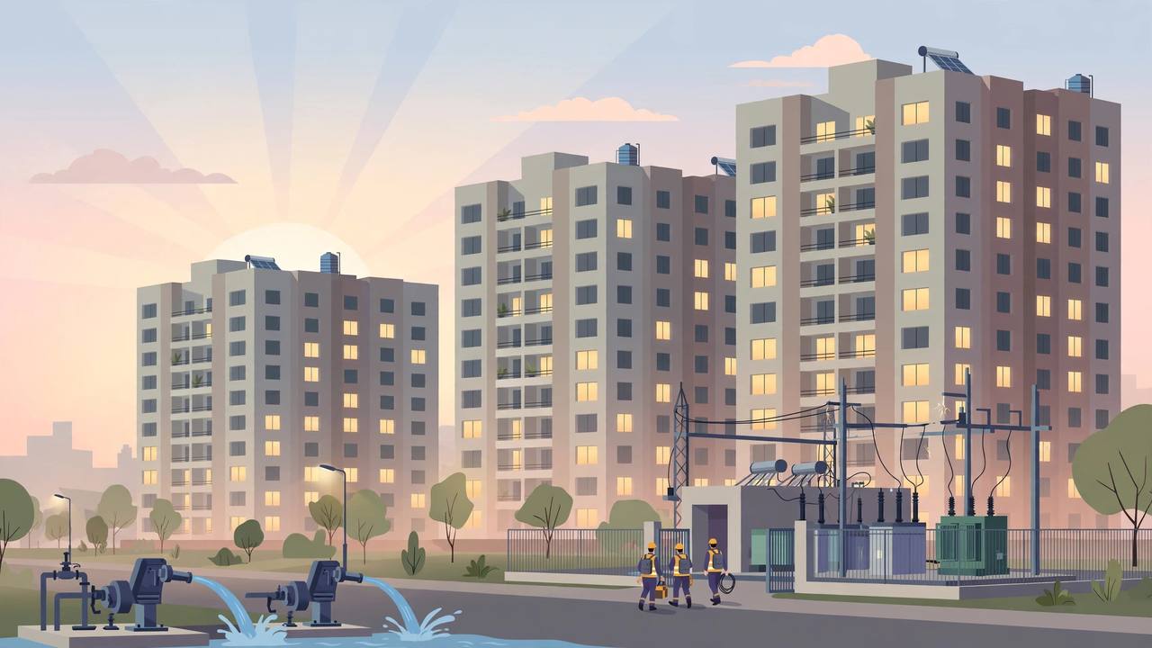 Editorial illustration of Gurugram apartment blocks at dawn with windows lighting up as power returns and electricity workers walking back toward a substation
