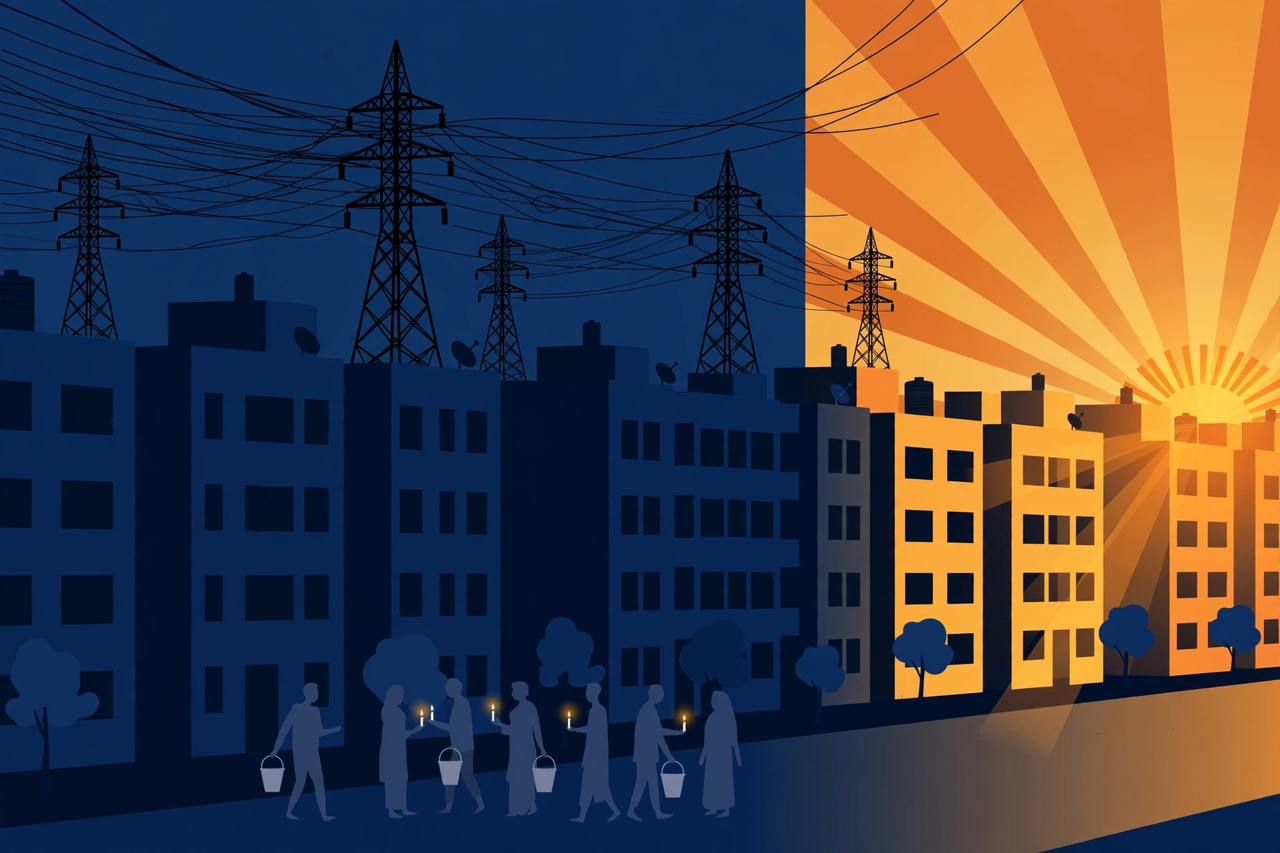 (Editorial illustration) Dark apartment blocks during a power outage in Gurugram with residents holding buckets and candles, and dawn light breaking over rooftops