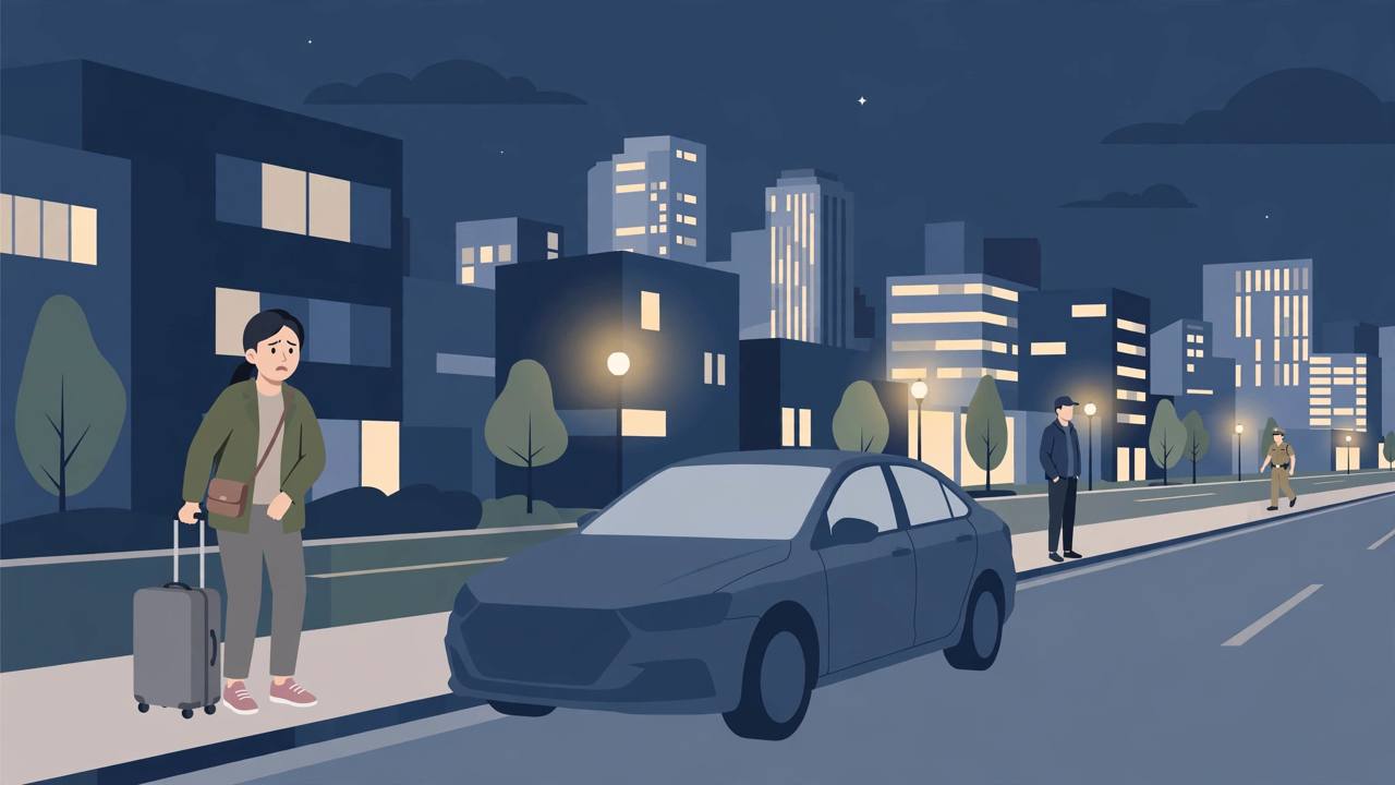 Editorial illustration of a woman passenger with a suitcase standing outside a car at night in a city, with the driver standing apart and a police officer approaching
