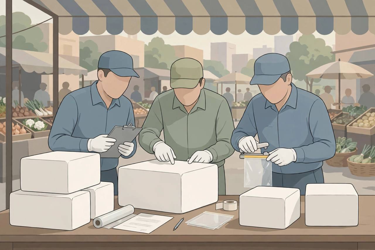 Editorial illustration of food safety officials inspecting paneer blocks at a market stall in Gurugram during a food safety drive