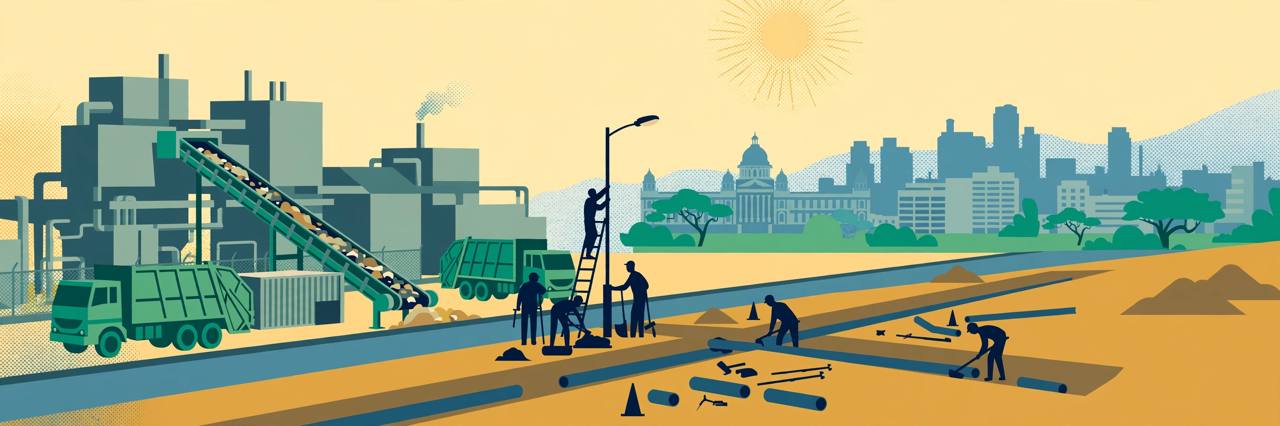 (Editorial illustration) Municipal workers building city infrastructure — a waste-processing plant, water pipeline, street lights and a new road