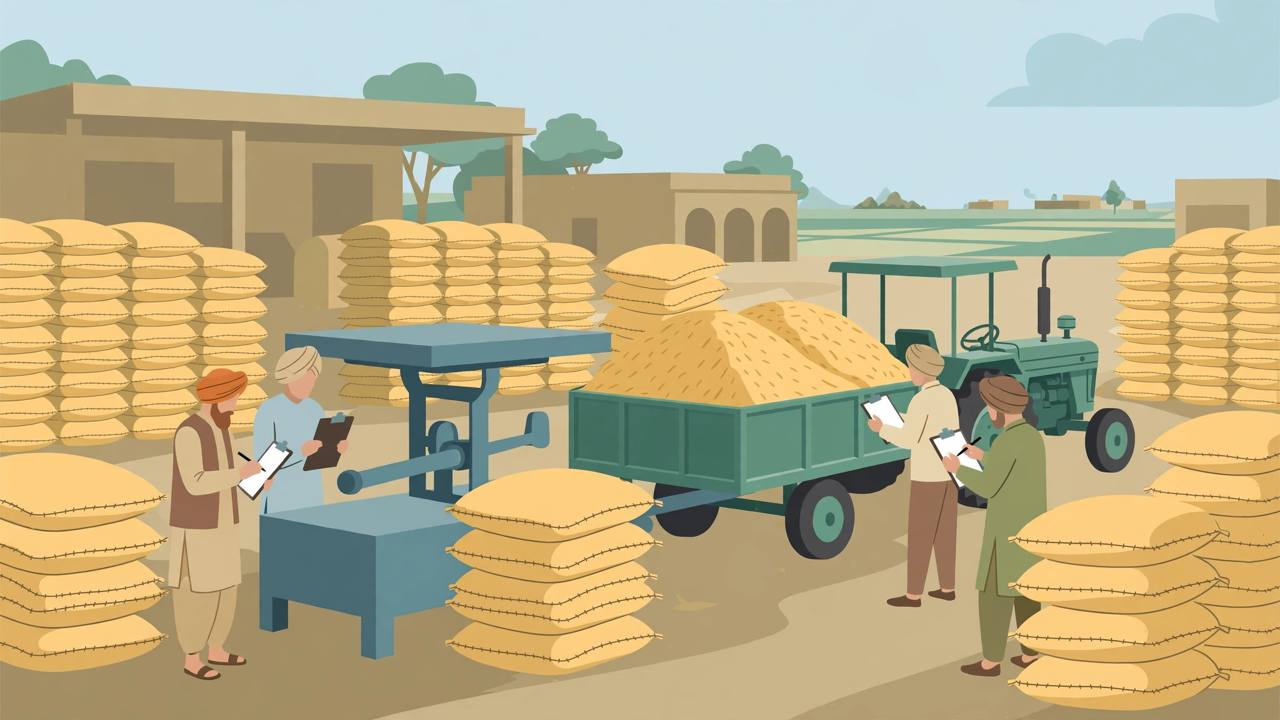Editorial illustration of a Haryana grain market mandi with stacks of paddy sacks, a weighing scale and generic farmers and officials checking records beside a tractor trolley