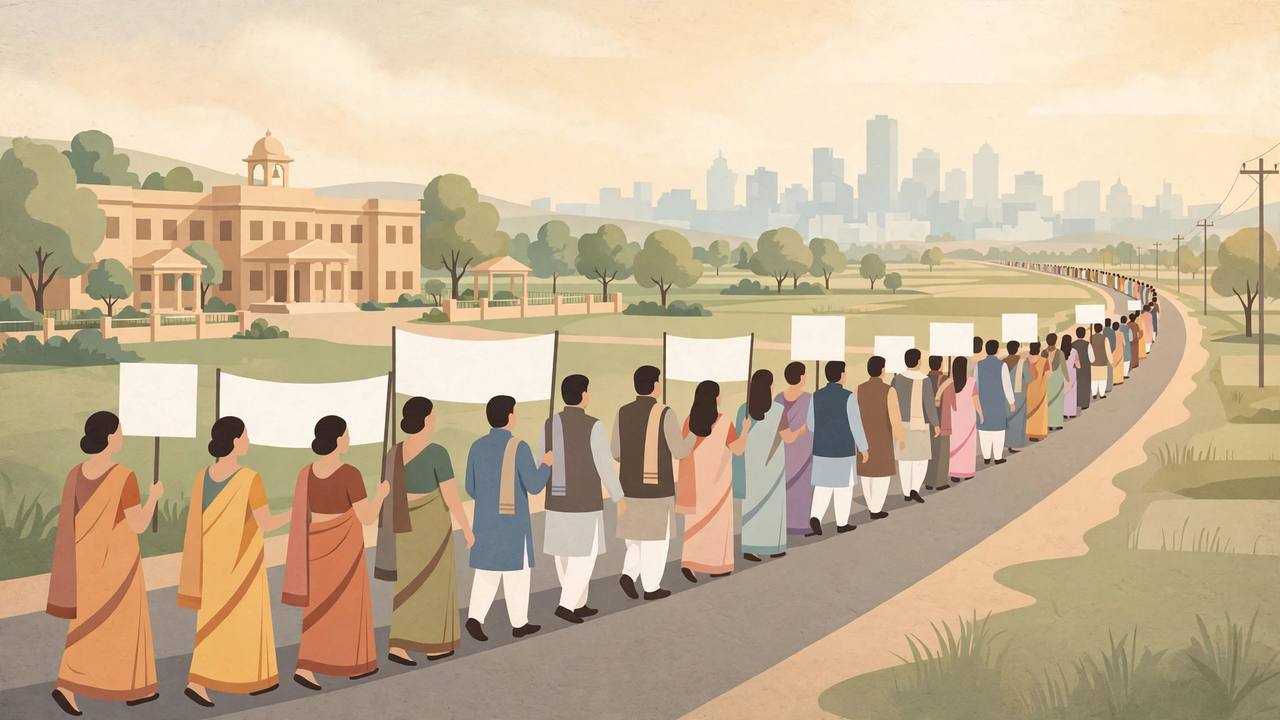Editorial illustration of school teachers marching peacefully with blank placards along a highway