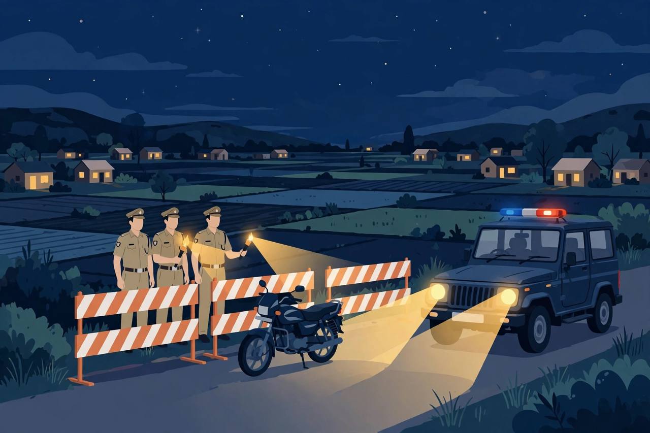 (Editorial illustration) Police officers at a night checkpoint barricade with a stopped motorcycle and a police jeep on a rural Haryana road — Panchkula encounter