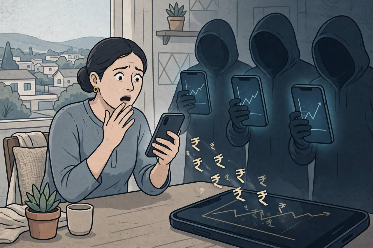 A woman staring in shock at a smartphone with fake trading charts while hooded fraudster figures hold phones behind her