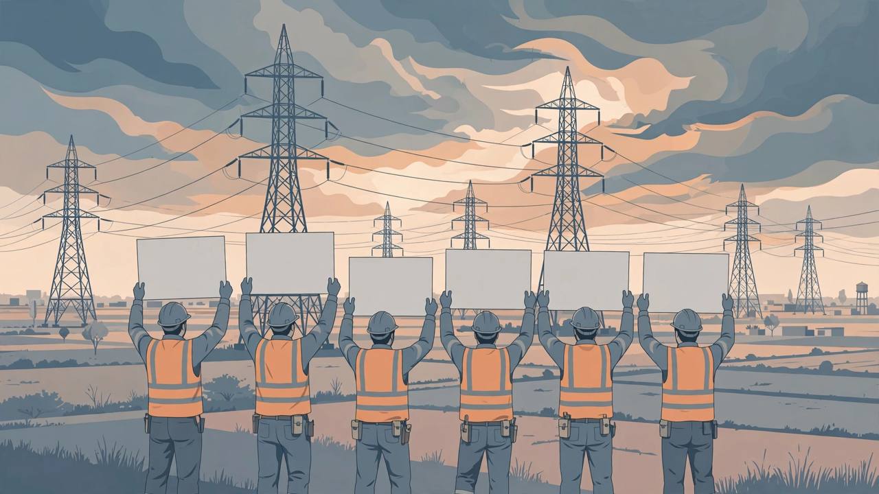 Editorial illustration of electricity utility workers holding blank placards in protest in front of transmission towers in Haryana