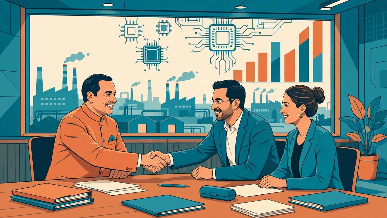 Editorial illustration of a chief minister shaking hands with business leaders at an investors meeting, with factories and rising charts in the background