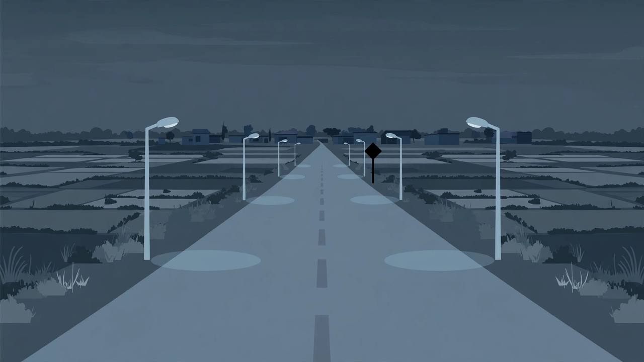 Editorial illustration of an empty rural highway at night near Sonipat