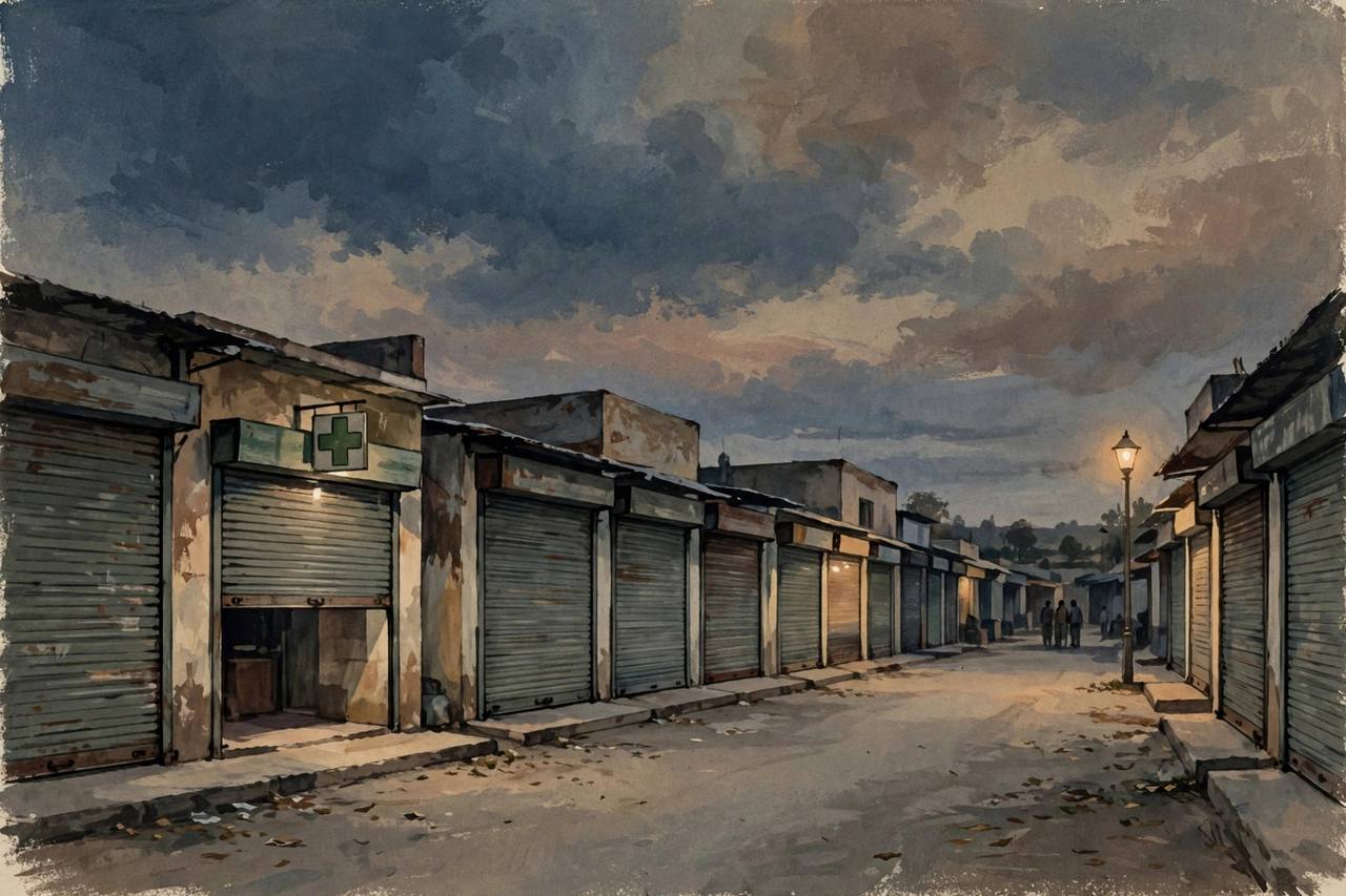 Illustration: shuttered shops on a market street at dusk, one a medical store, during the Punjab bandh