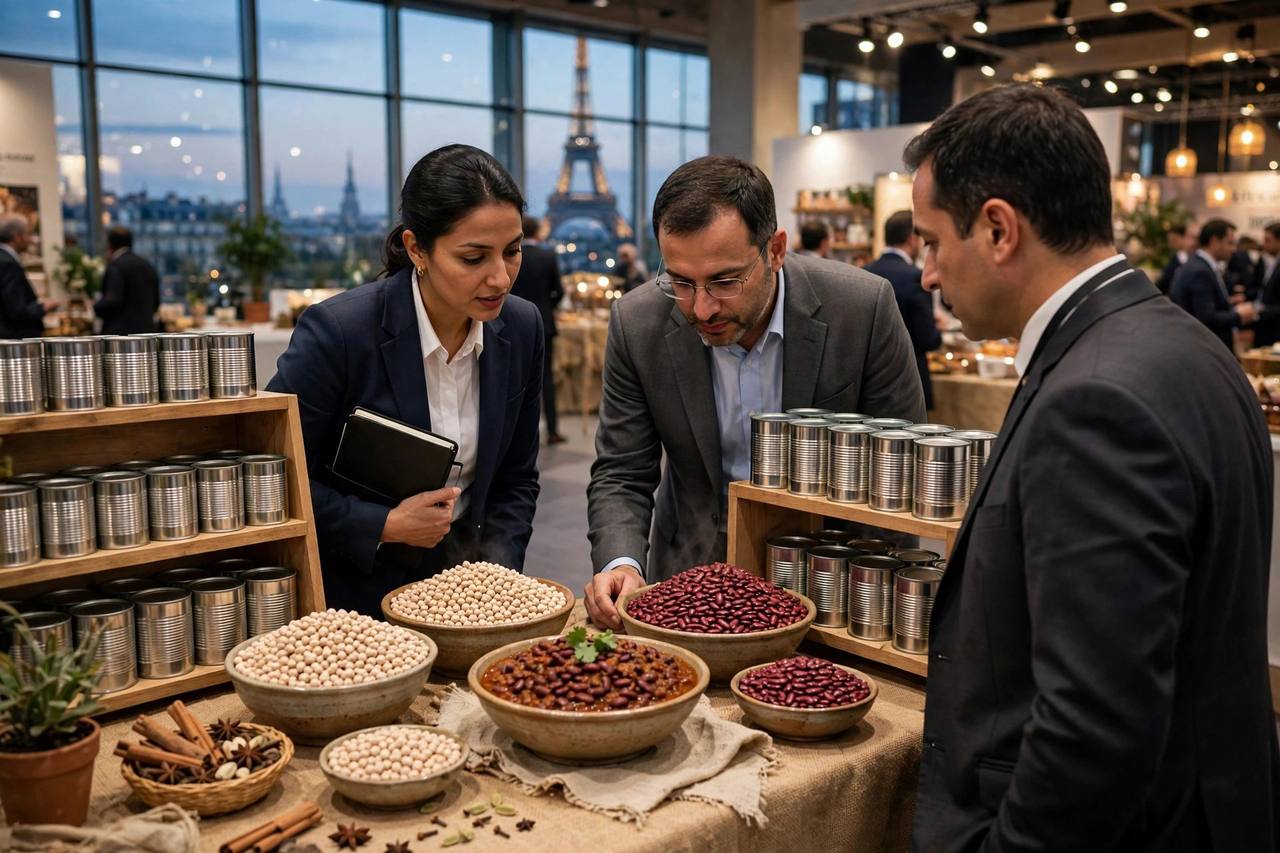 Editorial illustration: an Indian food-products exhibition stall in Paris with canned chickpeas and kidney beans, the Eiffel Tower visible through a window