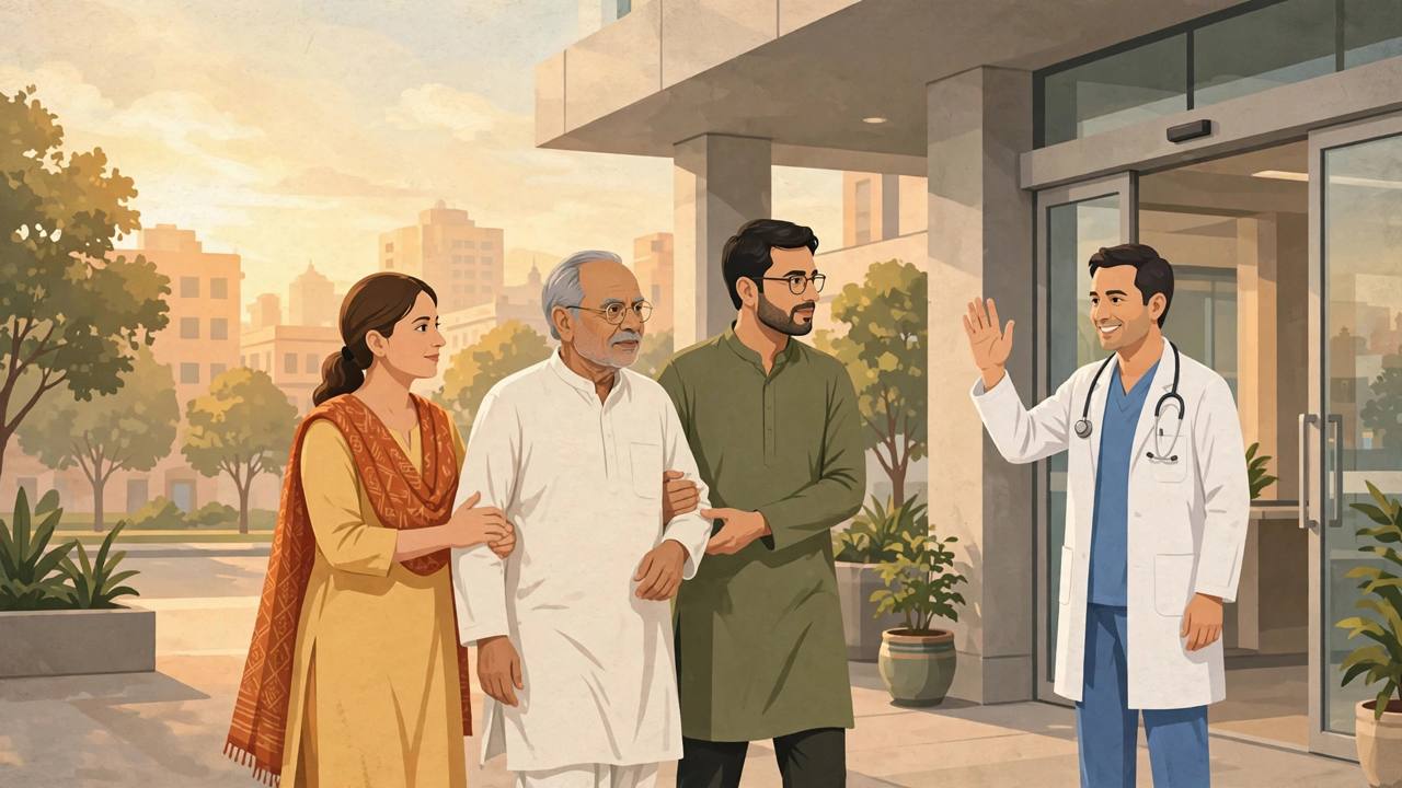 Editorial illustration: an elderly leader in a white kurta-pyjama leaving a Delhi hospital entrance, supported by family members as a doctor waves goodbye
