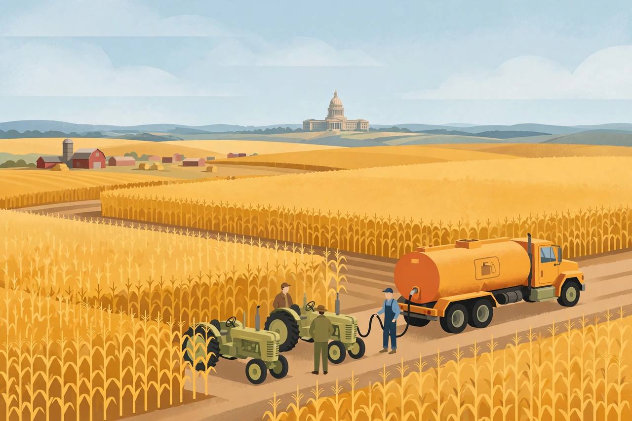 Editorial illustration: a fuel tanker refuelling farm tractors in Nebraska cornfields with a capitol dome in the distance — generic figures only, no real person's likeness