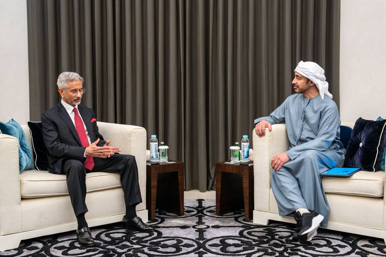 External Affairs Minister S. Jaishankar in conversation with UAE Deputy Prime Minister and Foreign Minister Sheikh Abdullah bin Zayed Al Nahyan during their Mumbai meetings