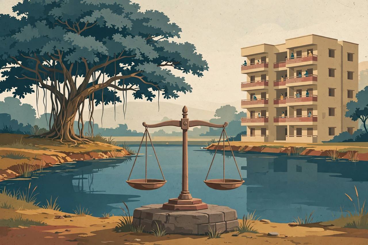 Editorial illustration: a village pond with a banyan tree on one bank and a residential flat block on the other, with the scales of justice standing in the foreground