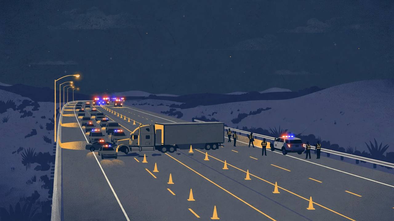 Editorial illustration of a big rig crash scene on Highway 99 at night, with traffic cones and patrol cars