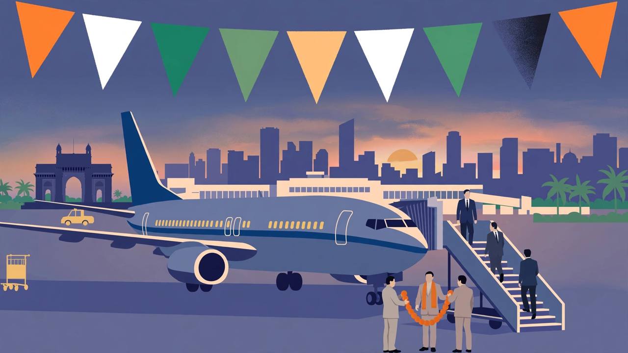 Editorial illustration: a visiting dignitary welcomed with a garland at Mumbai airport at dusk, an aircraft at the gate with the Gateway of India and the city skyline behind