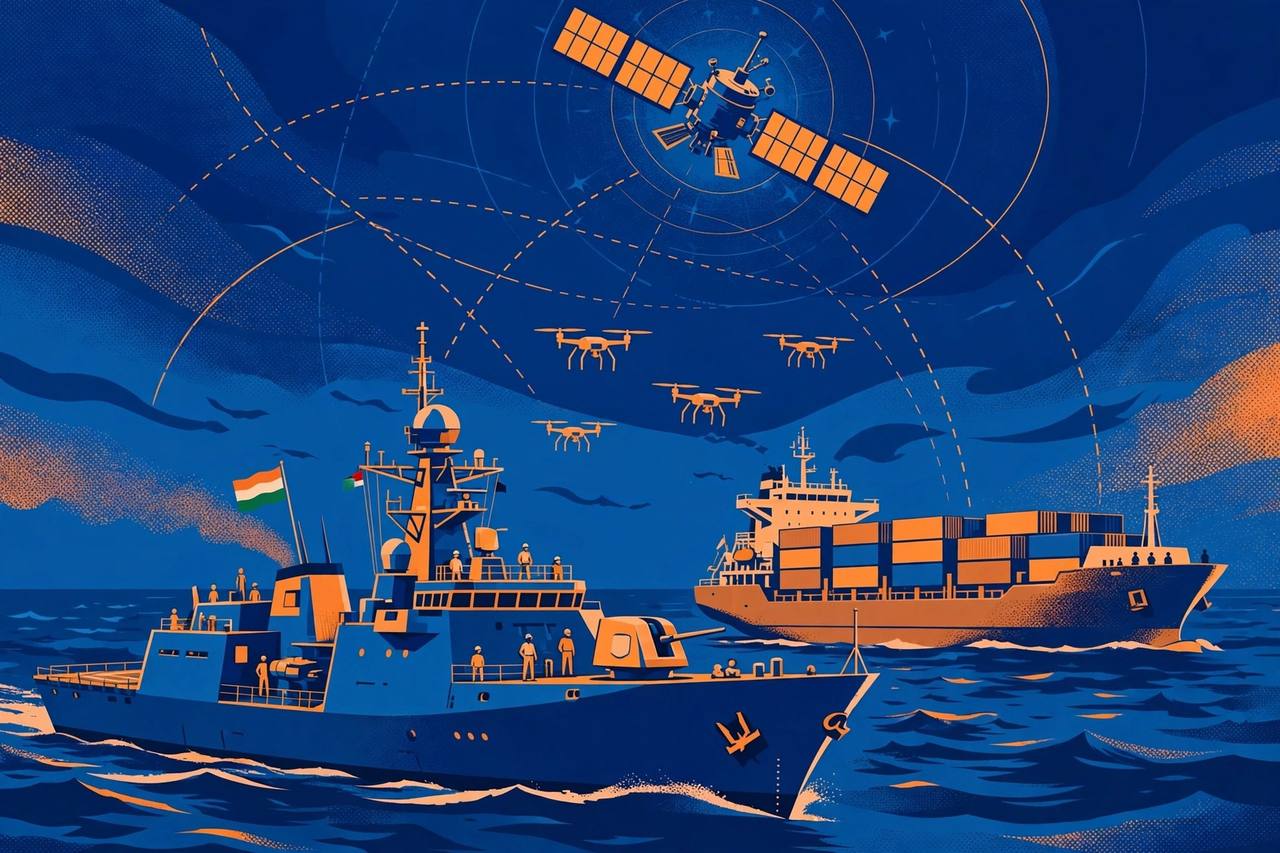 Editorial illustration: an Indian Navy warship escorting a container ship at sea, with drones and a satellite linked in a network overhead