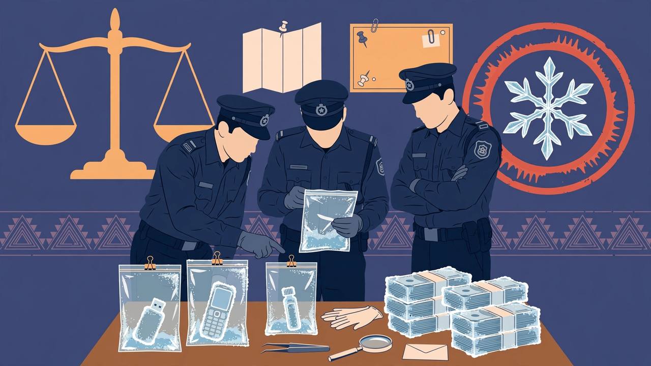 Editorial illustration: three police officers examining frost-covered evidence bags and stacks of seized cash on a table, with a justice scale and a snowflake freeze emblem behind them