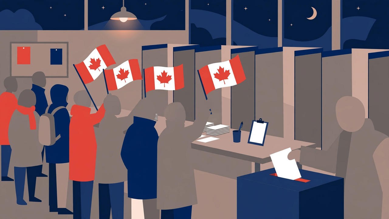 Editorial illustration: voters at an Alberta polling station at night, one voter dropping a ballot into a ballot box while others wave Canadian flags beside the voting booths